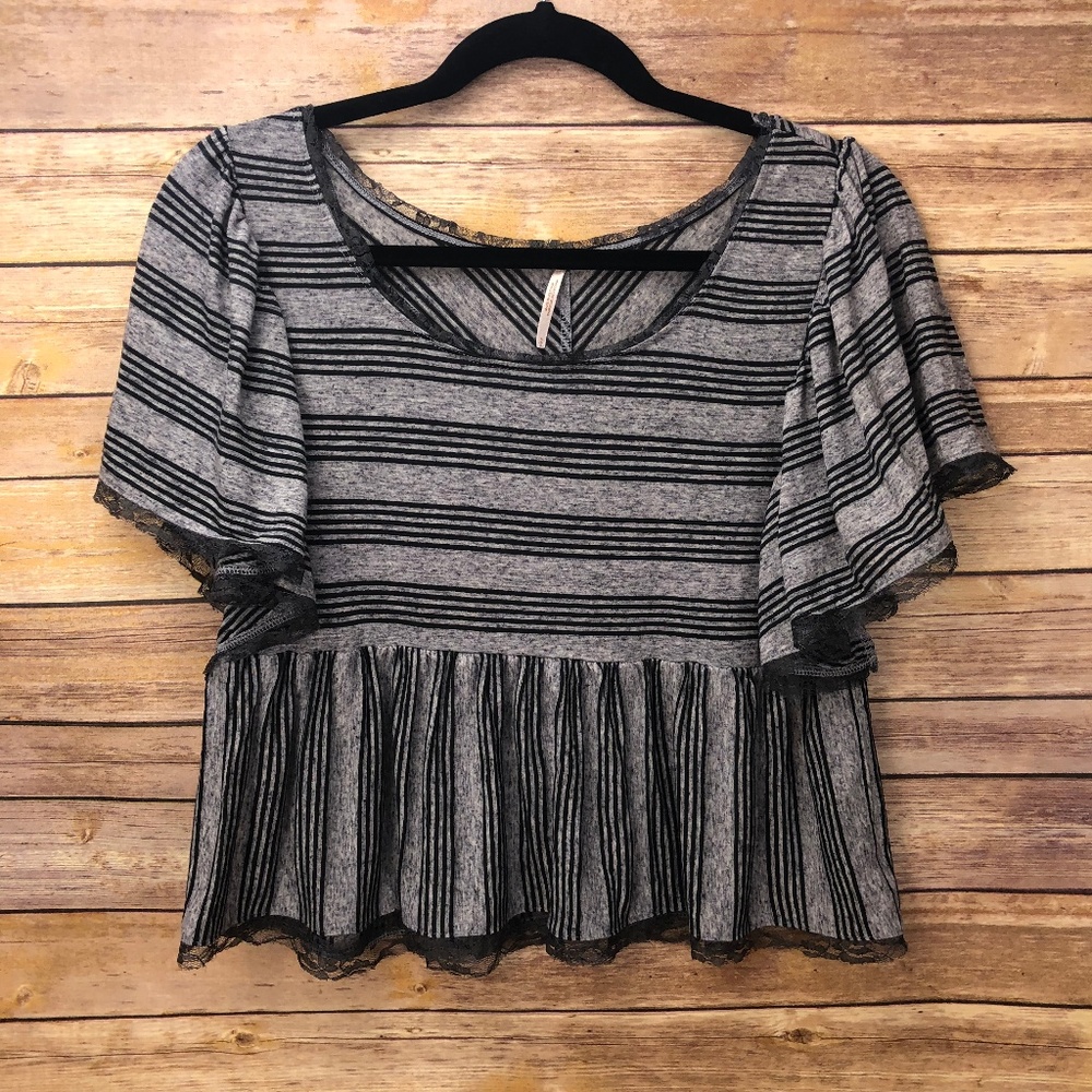 Free People Grey Stripped Crop Top - Small